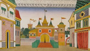 Vázlat Nyikolaj Rimszkij-Korszakov (1844-1908) Az aranykakas című operájához, 1909 (wc és gouache, papír) alkotó: Ivan Yakovlevich Bilibin